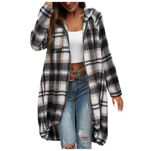 KBOPLEMQ Damen Hoodie Plaid Jacke Herbsr Winter Warm Cardigan Kapuzenpullover Sweatshirt mit Kapuze Strickjacke Karierte Kapuzenjacke Oversized Winterjacke mit Reißverschluss Langarm Mantel von KBOPLEMQ