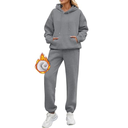 KBOPLEMQ Damen Hoodies Trainingsanzug Sets Warm Fleece Gefüttertes Freizeitanzug Einfarbig Jogginganzug Set Mit Kapuze Casual Bekleidungsset 2-Teilige Sportkleidung Loungewear Langarm Sportanzug von KBOPLEMQ