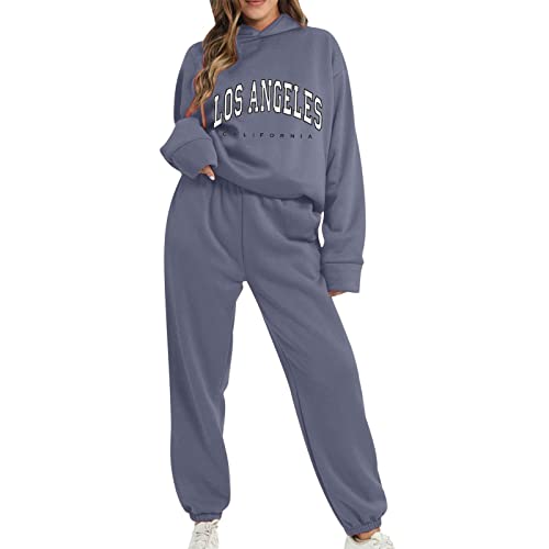 KBOPLEMQ Damen Jogginganzug Los Angeles Bedrucken Sportanzug Fleece Gefütterte Sweatshirt + Jogginghose Sportswear Tracksuit Traingsanzug Frauen 2 Teilig Freizeitanzug Sportswear Tracksuits Outdoor von KBOPLEMQ