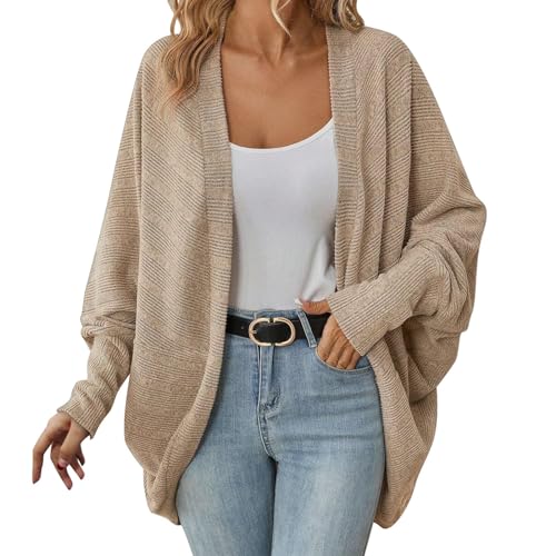 KBOPLEMQ Damen Lange Strickjacke Einfarbig Fledermaus-Strickjacke Locker Gestrickte Jacke Herbst Bequeme Winddichte Jacke Lässiger Strickpullover V-Ausschnitt Top Cardigan Sweater von KBOPLEMQ