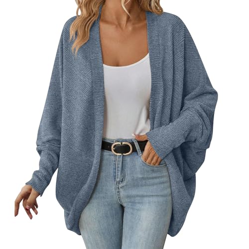 KBOPLEMQ Damen Lange Strickjacke Einfarbig Fledermaus-Strickjacke Locker Gestrickte Jacke Herbst Bequeme Winddichte Jacke Lässiger Strickpullover V-Ausschnitt Top Cardigan Sweater von KBOPLEMQ