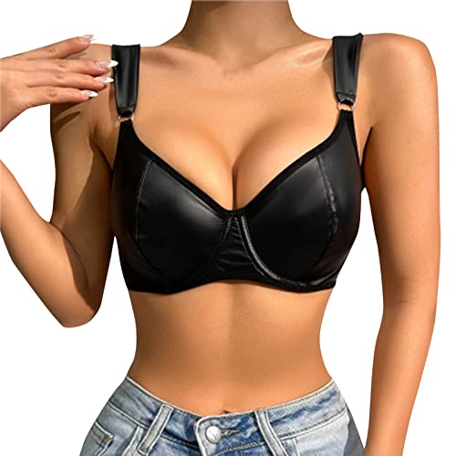 KBOPLEMQ Damen Leder Latex BH Top ohne Bügel Harness Bra Damen Brustfrei BH Push Up Leder Optik Dirndl BH Bra Bustier Bügellos Ouvert Hebe Dessous Schwarz Frauen Bralette Erotik Reizwäsche von KBOPLEMQ