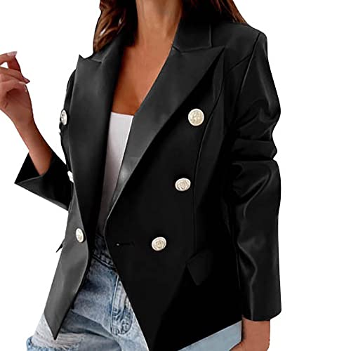 KBOPLEMQ Damen Lederjacke Kurz Bikerjacke Reverskragen Reißverschluss Leder Jacke Lackleder Übergangsjacke mit Doppelreihigen Knöpfen Bikerjacke Herbst Motorrad Coat Slim Fit Mantel Streetwear von KBOPLEMQ