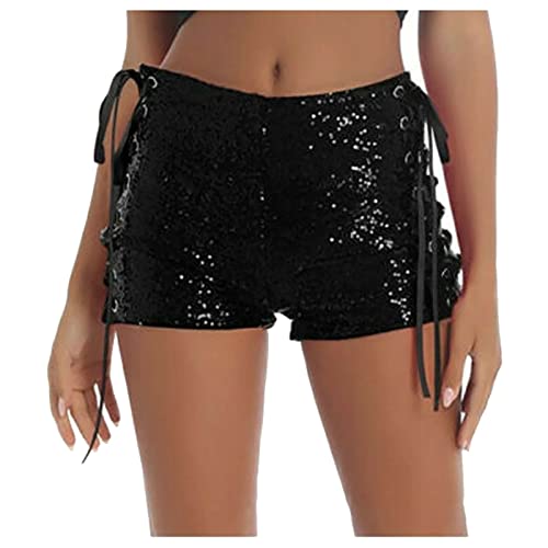 KBOPLEMQ Damen Pailletten Glitzer Shorts Sexy Pailletten Shorts mit Hohe Taille Kreuzbandage Clubwear Party Pailletten Hose Hotpants Damen Sexy Glitzer Kurze Hose von KBOPLEMQ