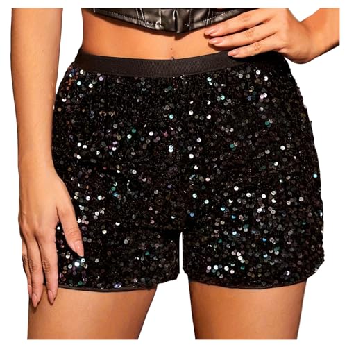 KBOPLEMQ Damen Pailletten Short Glitzer Party Shorts Silber Short mit Pailletten Einfarbige Party Shorts Freizeitshort für Nacht Club Festivals Outfits Baggy Glänzend Kurz Hose von KBOPLEMQ