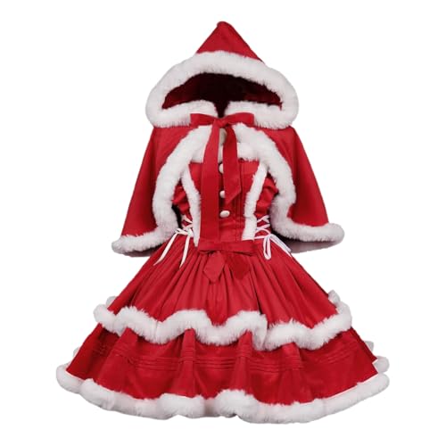 KBOPLEMQ Damen Palace Samt Weihnachtskleid Rot Weihnachtskleid Elegant Christmas Partykleid Kapuzenumhang Cosplay Outfit Kleid Weihnachtskostüme Lolita Kleid Winter Warm Santa Kleid mit Umhang von KBOPLEMQ