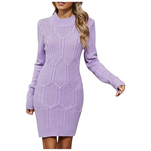 KBOPLEMQ Damen Pullover Kleid Elegant Strickkleid Sexy Perlen Warm Pullikleid Loose Sweatkleid Wickelkleid Sweater Kleid Einfarbig Casual Langarm Rollkragen Winterkleid Stretch Jumper Dress von KBOPLEMQ