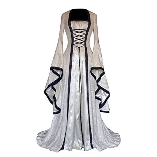 Damen Retro Mittelalter Kleid mit Trompetenärmel, Mittelalterliche Viktorianischen Königin Kleider Renaissance Gotisch Maxikleid Karneval Halloween Party Prinzessin Kostüm von KBOPLEMQ
