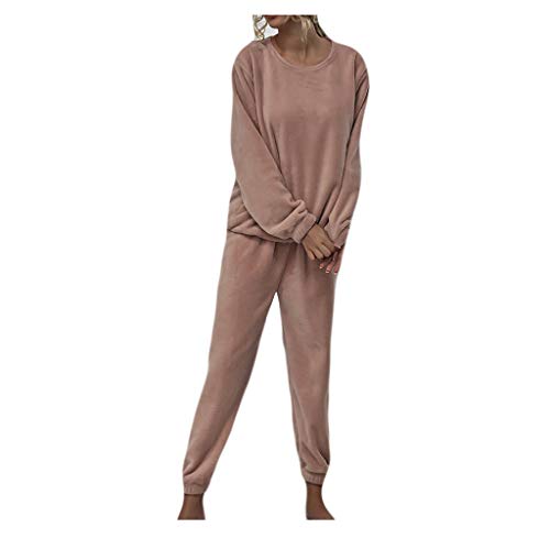 KBOPLEMQ Damen Schlafanzug Winter Pyjama Set Langarm Flanell Nachtwäsche Weicher Heim Lounge Anzug mit Sweatshirt und Hose Dicken Fleece Warm Rundhals Hausanzug 2 Teiler Einfarbig Pyjama Set von KBOPLEMQ