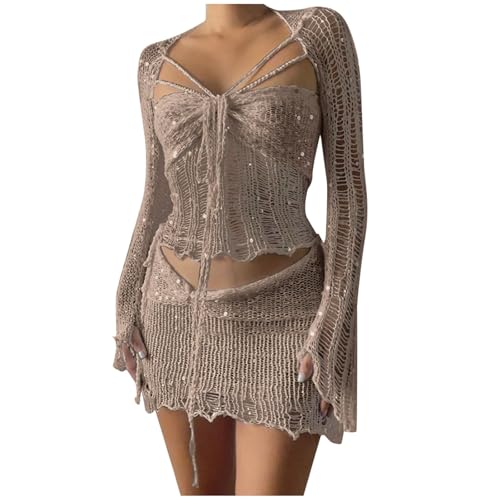 KBOPLEMQ Damen Sexy 2 Stück Maxirock Set Y2K 90S Streetwear Frauen Strick Paillettenrock Festival karneval kostüm Elegant Spitze Crop Tops mit Hoher Taille Bodycon Maxirock 2pcs Rock Set von KBOPLEMQ