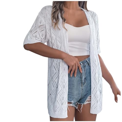 KBOPLEMQ Damen-Strickjacke Gehäkelt Leicht Kurzarm Vorne Offen Sonnenschutz Cardigan Lang Strickjacke V Ausschnitt Hohle Strickjacke Einfarbig Sommer Lässig Leicht Kurzarm Sonnenschutz Top von KBOPLEMQ