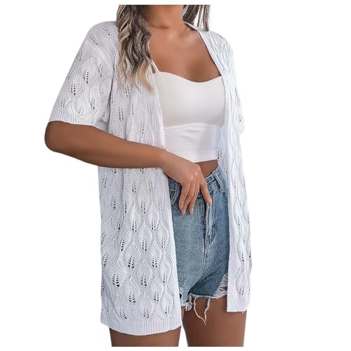 KBOPLEMQ Damen-Strickjacke Gehäkelt Leicht Kurzarm Vorne Offen Sonnenschutz Cardigan Lang Strickjacke V Ausschnitt Hohle Strickjacke Einfarbig Sommer Lässig Leicht Kurzarm Sonnenschutz Top von KBOPLEMQ