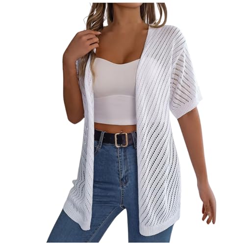 KBOPLEMQ Damen-Strickjacke Gehäkelt Leicht Kurzarm Vorne Offen Sonnenschutz Cardigan Lang Strickjacke V Ausschnitt Hohle Strickjacke Einfarbig Sommer Lässig Leicht Kurzarm Sonnenschutz Top von KBOPLEMQ