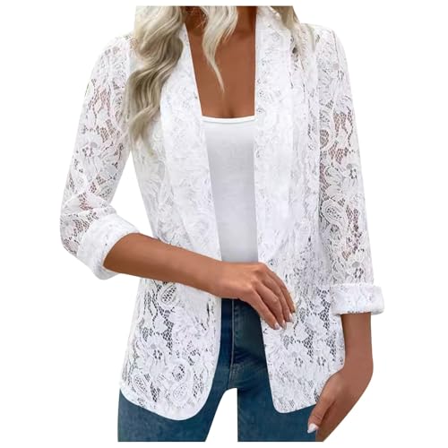 KBOPLEMQ Damen-Strickjacke mit Spitze Langarm Strick Mantel Elegant Hohler Strickpullover Spitzen-Bolero Cardigan 3/4-Ärmel Lässig Elegant Oberteil Casual V-Ausschnitt Open Front Cardigan von KBOPLEMQ