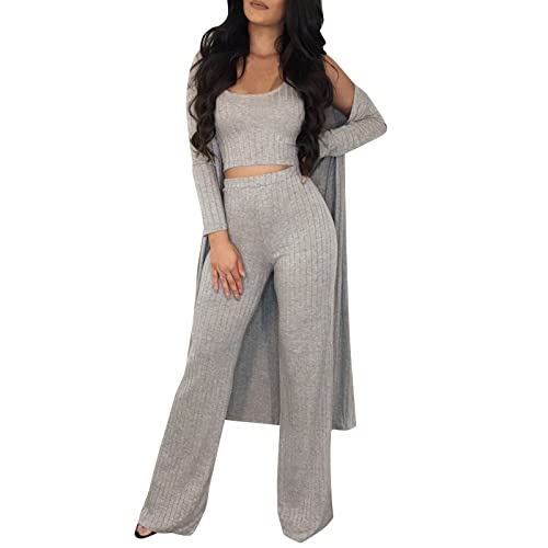 KBOPLEMQ Damen Trainingsanzug Herbst Langarm Blazer Mantel Tank Lange Hosen Dreiteilige Sets Outfit inkl. Langarm Hemd Strickjacken + Weite Hosenbeine + Sexy Crop Top 3 Teiler Hosenanzug Tracksuit von KBOPLEMQ