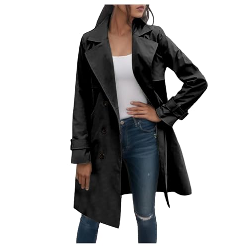 KBOPLEMQ Damen Trenchcoat Zweireiher Langer Mantel Klassischer Übergangsmantel mit Revers-Kragen Outdoor Windjacke Herbst Frühling Jacke Winddichter Mantel Damen Elegant Warmer Mantel Outwear von KBOPLEMQ