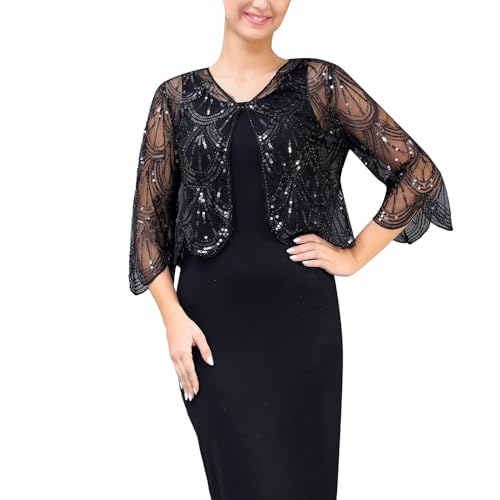 KBOPLEMQ Damen Umschlagtücher 20er Jahre Retro Schal Wraps Pailletten Stola Spitze Braut Schal Vintage Elegante Abendcape Schulter Bedeckung für Brautkleid Hochzeit Gatsby Kostüm Accessoires von KBOPLEMQ