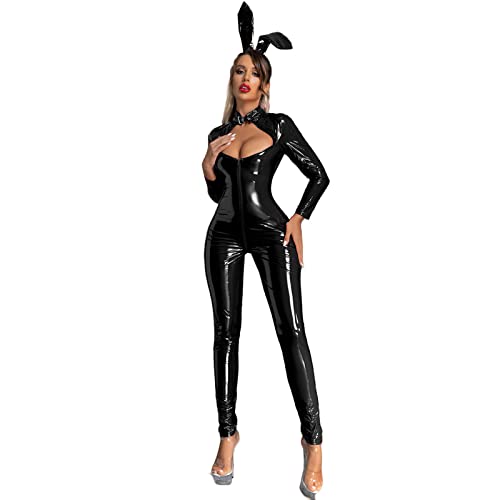 KBOPLEMQ Damen Wetlook Body Frauen Latex Catsuit Lack Leder Overall Lange Ärmel Schwarz Leder Slim Fit Bunny Kostüm Body verführerischer Einteiler mit Reißverschlusss, Sexy Bodysuit, Schwarz von KBOPLEMQ