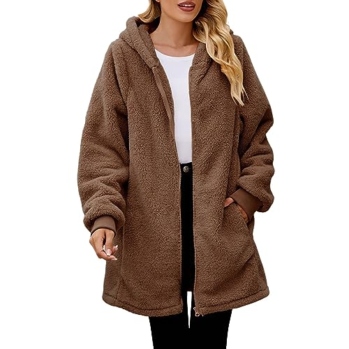 KBOPLEMQ Damen Winterjacke Warm Fleecejacke Winter Sweatjacke mit Kapuze Elegant Einfarbig Übergangsjacke Lässige Kapuzenpullover mit Taschen Herbst Mantel Plüschjacke mit ReißVerschluss von KBOPLEMQ
