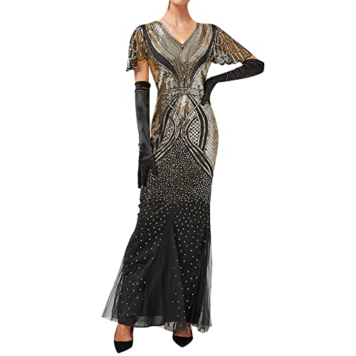 KBOPLEMQ Gatsby Kostüm Damen Charleston Kleid Abendkleid Abschlussballkleid 1920er Retro Cocktail Stil Flapper Kleid mit Pailletten, Lang, 1920er-Jahre, Flapper-Cocktailkleid, Netzstoff von KBOPLEMQ
