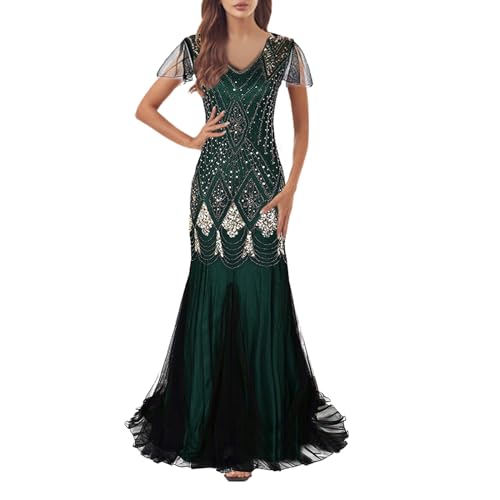 KBOPLEMQ Gatsby Kostüm Damen Charleston Kleid Abendkleid Abschlussballkleid 1920er Retro Cocktail Stil Flapper Kleid mit Pailletten, Lang, 1920er-Jahre, Flapper-Cocktailkleid, Netzstoff von KBOPLEMQ