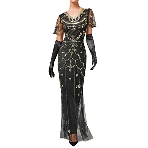 KBOPLEMQ Gatsby Kostüm Damen Charleston Kleid Abendkleid Abschlussballkleid 1920er Retro Cocktail Stil Flapper Kleid mit Pailletten, Lang, 1920er-Jahre, Flapper-Cocktailkleid, Netzstoff von KBOPLEMQ