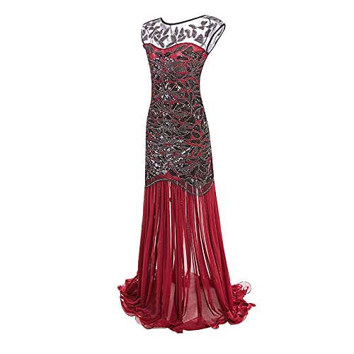 KBOPLEMQ Gatsby Kostüm Damen Charleston Kleid Abendkleid Abschlussballkleid 1920er Retro Cocktail Stil Flapper Kleid mit Pailletten, Lang, 1920er-Jahre, Flapper-Cocktailkleid, Netzstoff von KBOPLEMQ