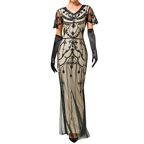 KBOPLEMQ Gatsby Kostüm Damen Charleston Kleid Abendkleid Abschlussballkleid 1920er Retro Cocktail Stil Flapper Kleid mit Pailletten, Lang, 1920er-Jahre, Flapper-Cocktailkleid, Netzstoff von KBOPLEMQ