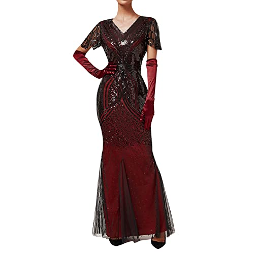 KBOPLEMQ Gatsby Kostüm Damen Charleston Kleid Abendkleid Abschlussballkleid 1920er Retro Cocktail Stil Flapper Kleid mit Pailletten, Lang, 1920er-Jahre, Flapper-Cocktailkleid, Netzstoff von KBOPLEMQ