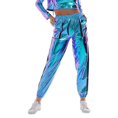 KBOPLEMQ Glänzende Metallic Hose Damen Jogginghose Holografische Rave Hose Jogginghose Tanzhosen Party Disco Nachtclub 80er 90er Jahre Lack Leder Wet Look Hip Hop Hosen Clubwear von KBOPLEMQ