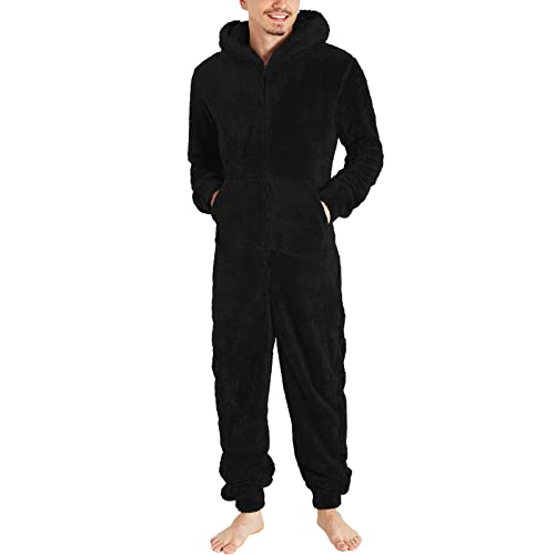 KBOPLEMQ Herren Jumpsuit Teddy Fleece Schlafanzug Einteiler Winter Warm Onesie Kuschelig Overall Flauschig Hausanzug Lang Schlafoverall Weich Pyjama Schlafanzug mit Kapuze & Reißverschluss von KBOPLEMQ