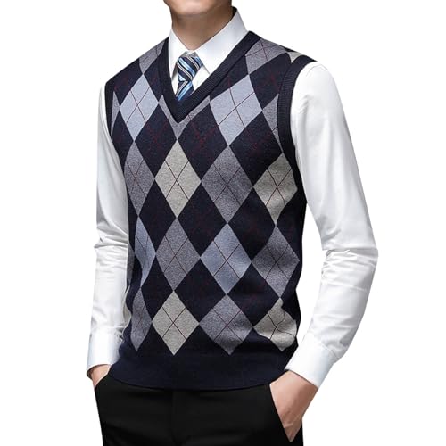 KBOPLEMQ Herren Kariert Ärmellose Strickweste V-Ausschnitt aus Baumwolle Winter Pullunder Pullover für Männer Pullunder Weste von KBOPLEMQ