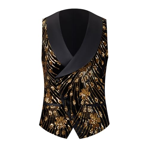KBOPLEMQ Herren Slim Fit Pailletten Weste V-Ausschnitt Glänzende Pailletten-Anzugweste Partykleid Anzug Stilvolle Weste Männer Einfarbig Glitzer-Weste mit Fliege für Party Clubwear von KBOPLEMQ