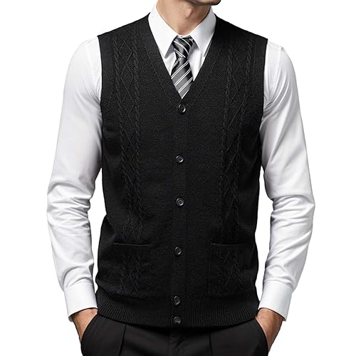 Herren Strickweste Strickjacke Ärmellose Pullunder Business Casual Herrenstrickwaren Weste mit Taschen Herren Ohne Ärmel V Ausschnitt Cardigan Feinstrick Pullover Knopfleiste von KBOPLEMQ