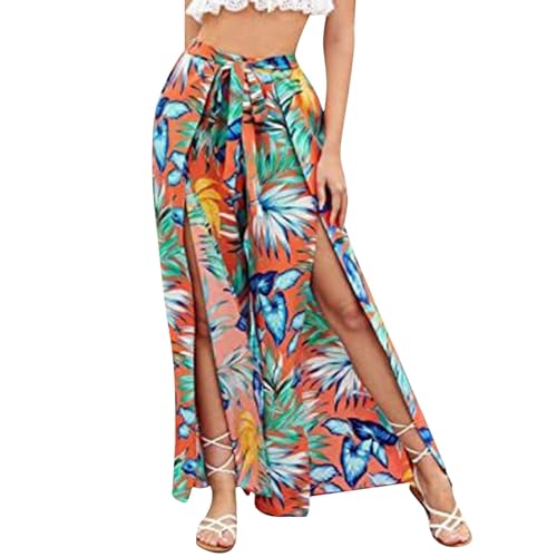 KBOPLEMQ Hose Damen Leinen Sommerhose 7/8 Casual Leichte Sommerhose Hippie Lange Hosen mit Schlitz Lockere Weites Bein Yogahose Wide Leg Pants Side Split Slit Palazzo Pants Boho Flowy Hose von KBOPLEMQ