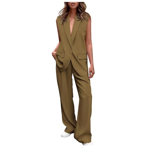 KBOPLEMQ Hosenanzug Damen 2 Teiler Elegant Sommer ärmellos Anzugweste Gerades Bein Hose V-Ausschnitt Business Hosenanzug Freizeitanzug Leinen Sommer Outfits von KBOPLEMQ