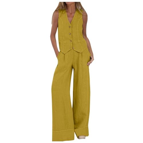 KBOPLEMQ Hosenanzug Damen Elegant 2 Teiler Ärmellos Blazer Weste und Hose Outfit Zweiteiliger Frauen Crop Weste und Lang Hosen Lounge Sets mit Knöpfen Business Anzug Set Sommer Streetwear von KBOPLEMQ