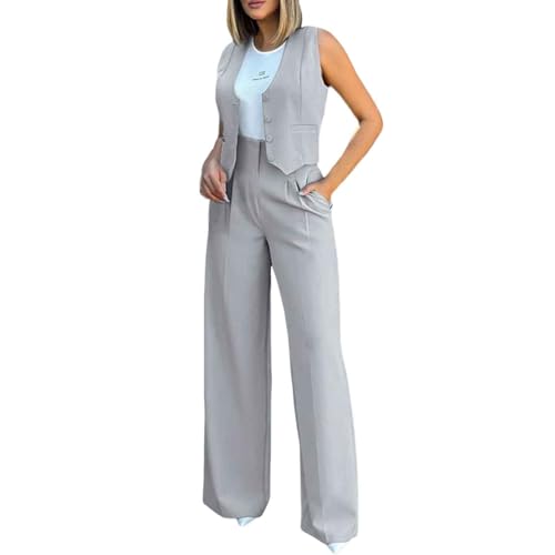 KBOPLEMQ Hosenanzug Damen Elegant 2 Teiler Ärmellos Blazer Weste und Hose Outfit Zweiteiliger Frauen Crop Weste und Lang Hosen Lounge Sets mit Knöpfen Business Anzug Set Sommer Streetwear von KBOPLEMQ