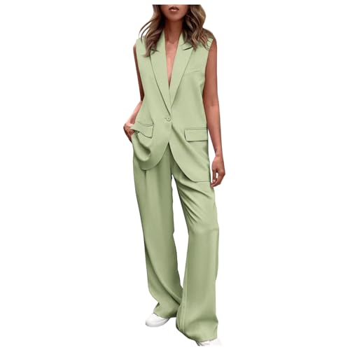 KBOPLEMQ Hosenanzug Damen Elegant 2 Teiler Ärmellos Blazer Weste und Hose Outfit Zweiteiliger Frauen Crop Weste und Lang Hosen Lounge Sets mit Knöpfen Business Anzug Set Sommer Streetwear von KBOPLEMQ