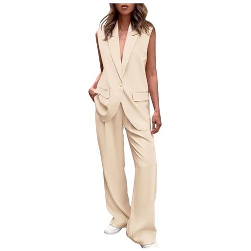 KBOPLEMQ Hosenanzug Damen Elegant 2 Teiler Ärmellos Blazer Weste und Hose Outfit Zweiteiliger Frauen Crop Weste und Lang Hosen Lounge Sets mit Knöpfen Business Anzug Set Sommer Streetwear von KBOPLEMQ