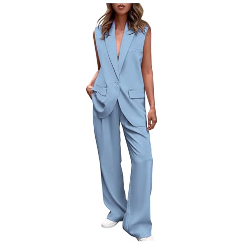 KBOPLEMQ Hosenanzug Damen Elegant 2 Teiler Ärmellos Blazer Weste und Hose Outfit Zweiteiliger Frauen Crop Weste und Lang Hosen Lounge Sets mit Knöpfen Business Anzug Set Sommer Streetwear von KBOPLEMQ