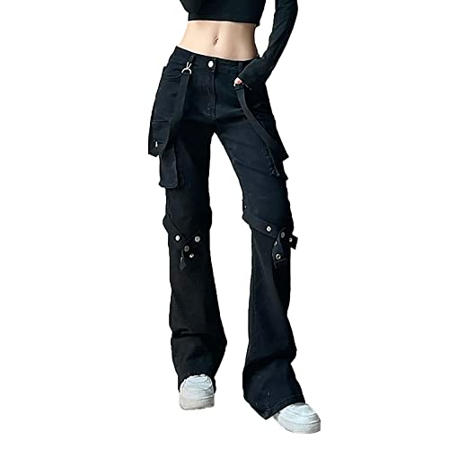 KBOPLEMQ Jeans Damen Flare Jeans Punk Gothic Vorder Jeans Steampunk Denim Bleistift Hosen Slim Fit Schwarz Strecken Hose Vintage Schlaghose Hohe Taille Jeans Y2k Glockenhose mit Taschen von KBOPLEMQ