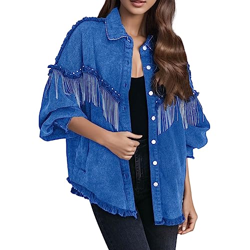 KBOPLEMQ Jeansjacke Damen Oversized Denim Jacke Fransenjacke Langarm Button Up Cropped Cowgirl Quaste Denim Jeansjacken mit Fransen Jeans Jacke Vintage Langarm Klassischer Quaste Denim Jacke von KBOPLEMQ