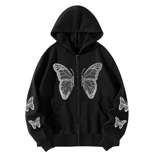 KBOPLEMQ Kapuzenjacke Damen Hoodie Jacke mit Schmetterling Muster Oversize Sweatjacke Vintage Reißverschluss Zip Up Kapuzenpullover Sweatshirt 90er Y2K E-Girl Herbst Winter Übergangsjacke von KBOPLEMQ