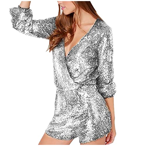 KBOPLEMQ Kurzer Jumpsuit mit Pailletten für Damen, Kurzarm-Strampler mit Glitzer und Langen Ärmeln für Damen, Sexy Club-Party-Mini-Playsuit für Damen Valentinstag von KBOPLEMQ