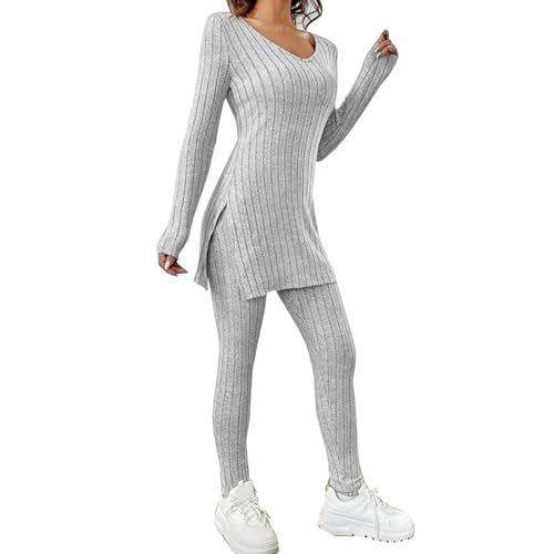 KBOPLEMQ Lässiges Strick Zweiteiler Set für Damen, Herbst Winter Strickkleidung Setzt Lose Pullover + Hosen mit Weitem Bein, Festes Strickhosen Set Damen Langarm Strick Leggings Und T-Shirt Set von KBOPLEMQ