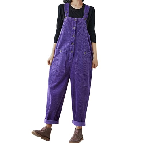 KBOPLEMQ Latzhose Damen Arbeitshose Cord Jumpsuits Einfarbige Latzhose mit Taschen Lockerer Baggy Leinen Overall mit Knöpfen Verstellbare Träger Lose Retro Oversize Lang Hose Spielanzug von KBOPLEMQ