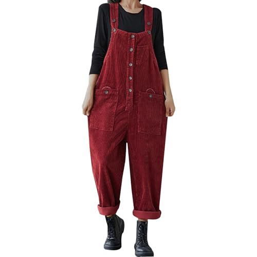 KBOPLEMQ Latzhose Damen Arbeitshose Cord Jumpsuits Einfarbige Latzhose mit Taschen Lockerer Baggy Leinen Overall mit Knöpfen Verstellbare Träger Lose Retro Oversize Lang Hose Spielanzug von KBOPLEMQ
