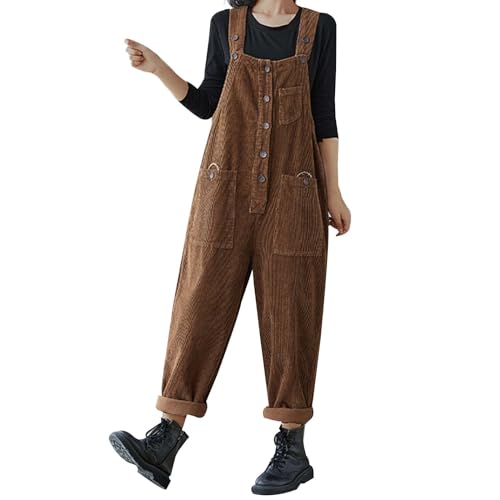 KBOPLEMQ Latzhose Damen Arbeitshose Cord Jumpsuits Einfarbige Latzhose mit Taschen Lockerer Baggy Leinen Overall mit Knöpfen Verstellbare Träger Lose Retro Oversize Lang Hose Spielanzug von KBOPLEMQ