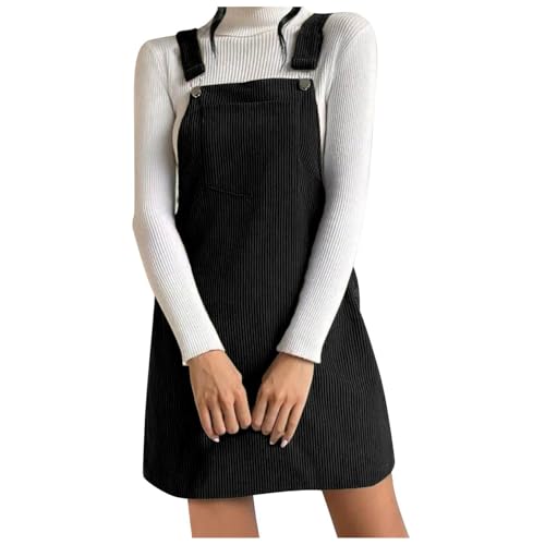 KBOPLEMQ Latzkleid Damen Cord A-Linie Minikleid Button Down Trägerkleid Herbst Winter Latzkleid mit Taschen Elegant Kordkleid Teenager Mädchen Winterkleider Locker Freizeitkleid Einfarbige von KBOPLEMQ